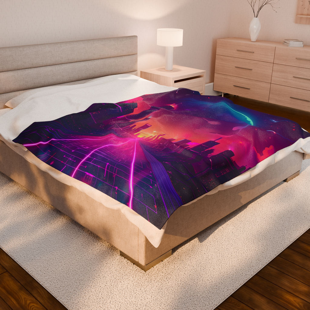 Retro Synthwave Neon City Plush Blanket - Cyberpunk Aesthetic Room Decor - Futuristic 80s Sunset Glow Soft Fleece Blanket