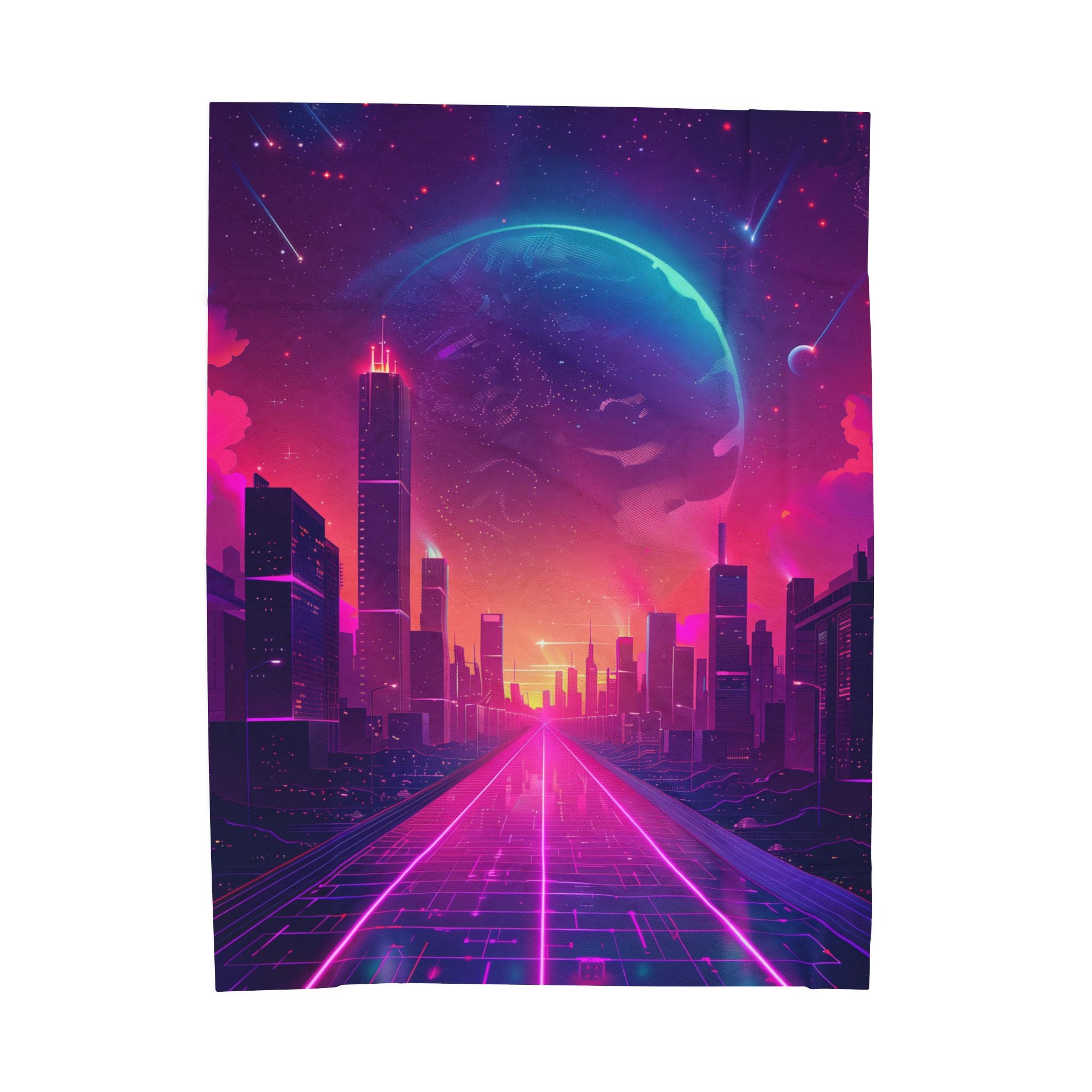 Retro Synthwave Neon City Plush Blanket - Cyberpunk Aesthetic Room Decor - Futuristic 80s Sunset Glow Soft Fleece Blanket