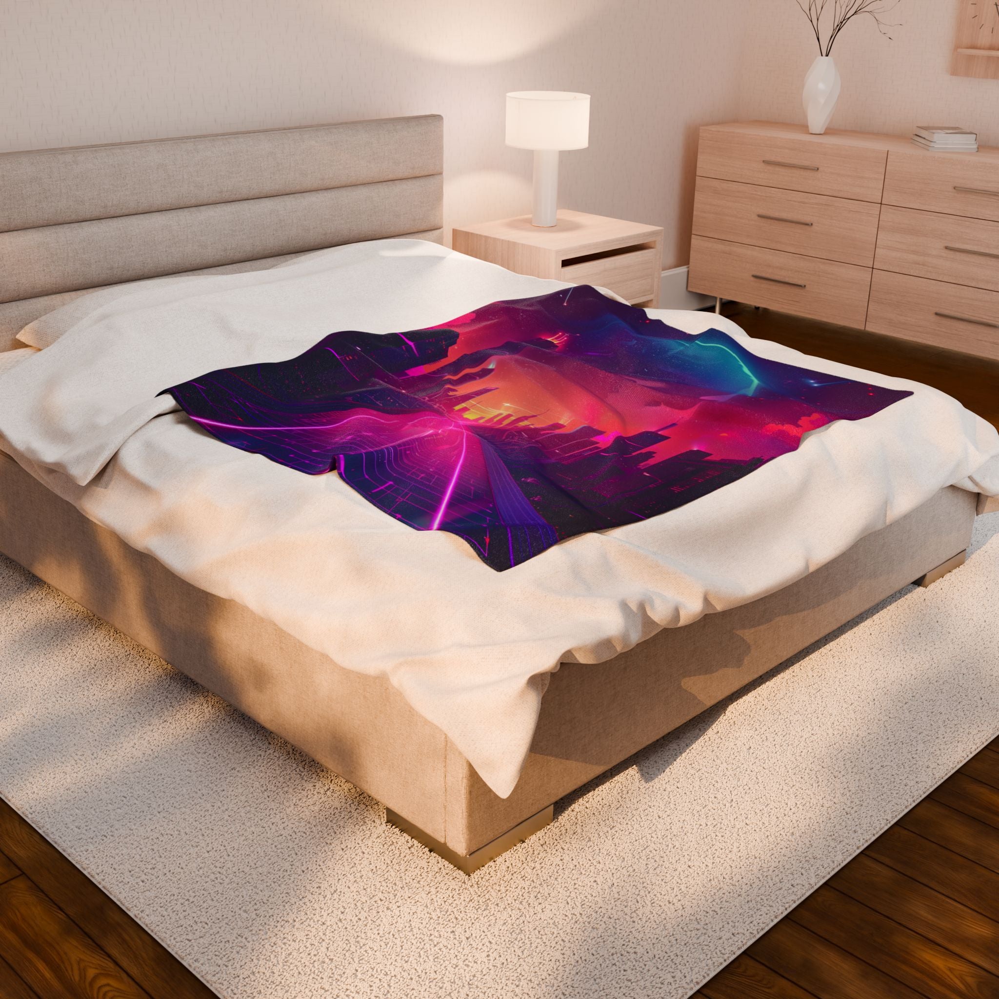 Retro Synthwave Neon City Plush Blanket - Cyberpunk Aesthetic Room Decor - Futuristic 80s Sunset Glow Soft Fleece Blanket