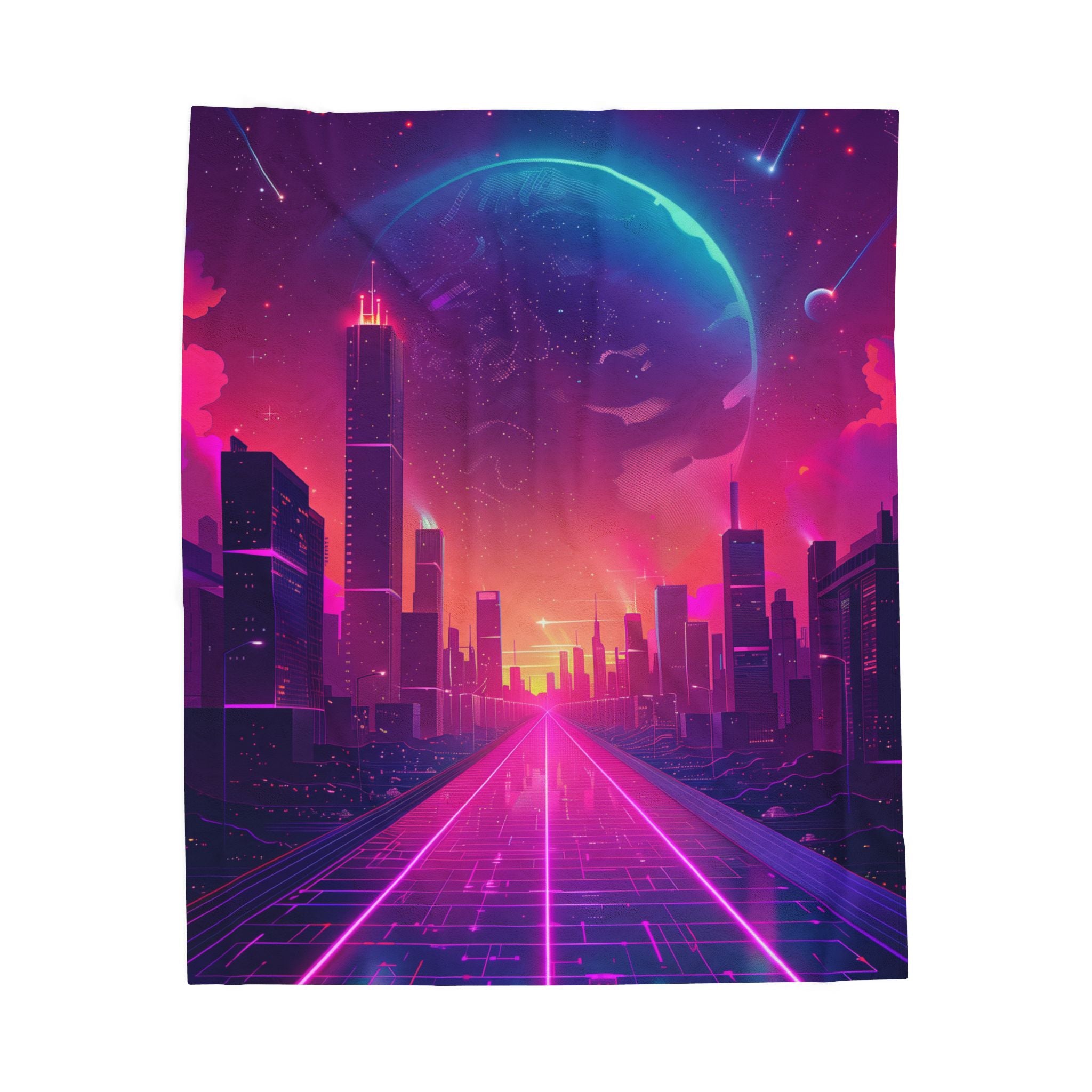 Retro Synthwave Neon City Plush Blanket - Cyberpunk Aesthetic Room Decor - Futuristic 80s Sunset Glow Soft Fleece Blanket