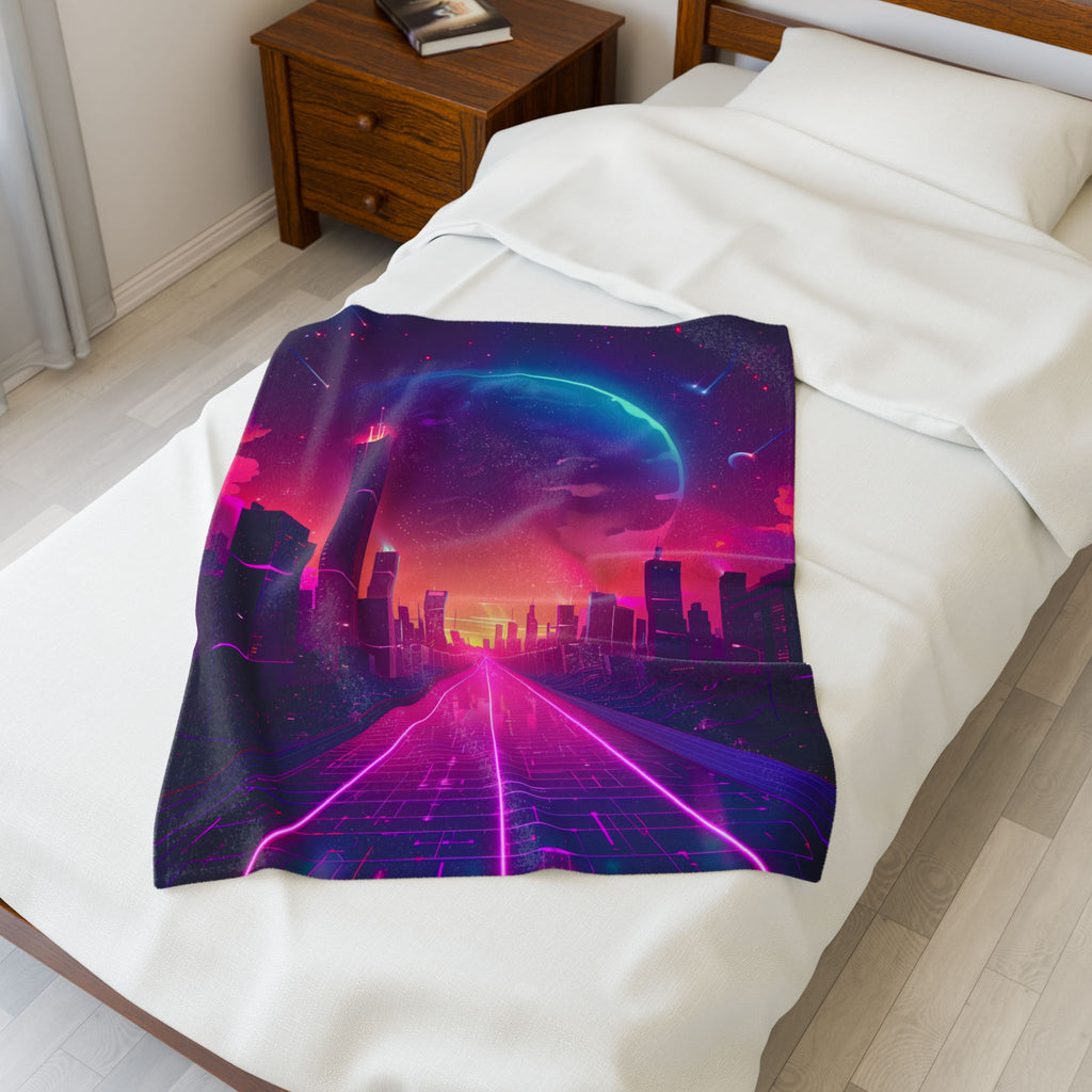 Retro Synthwave Neon City Plush Blanket - Cyberpunk Aesthetic Room Decor - Futuristic 80s Sunset Glow Soft Fleece Blanket