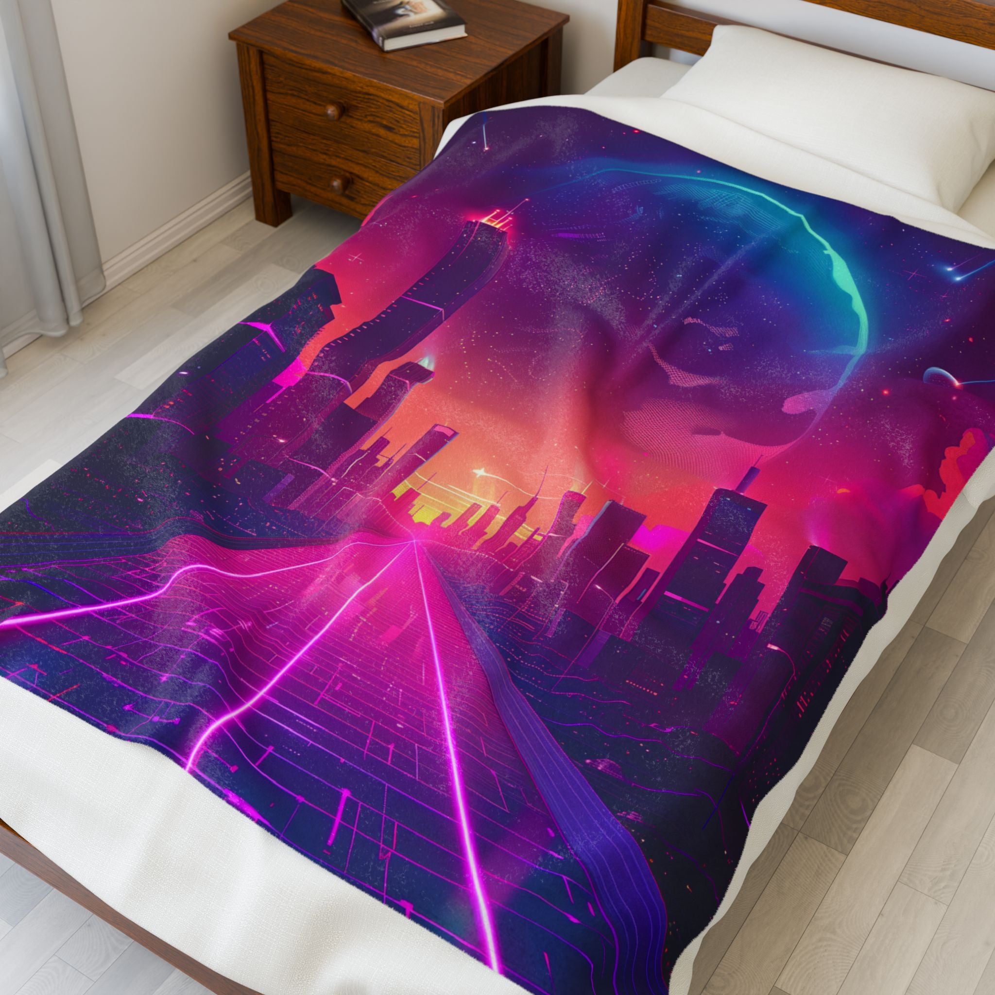 Retro Synthwave Neon City Plush Blanket - Cyberpunk Aesthetic Room Decor - Futuristic 80s Sunset Glow Soft Fleece Blanket
