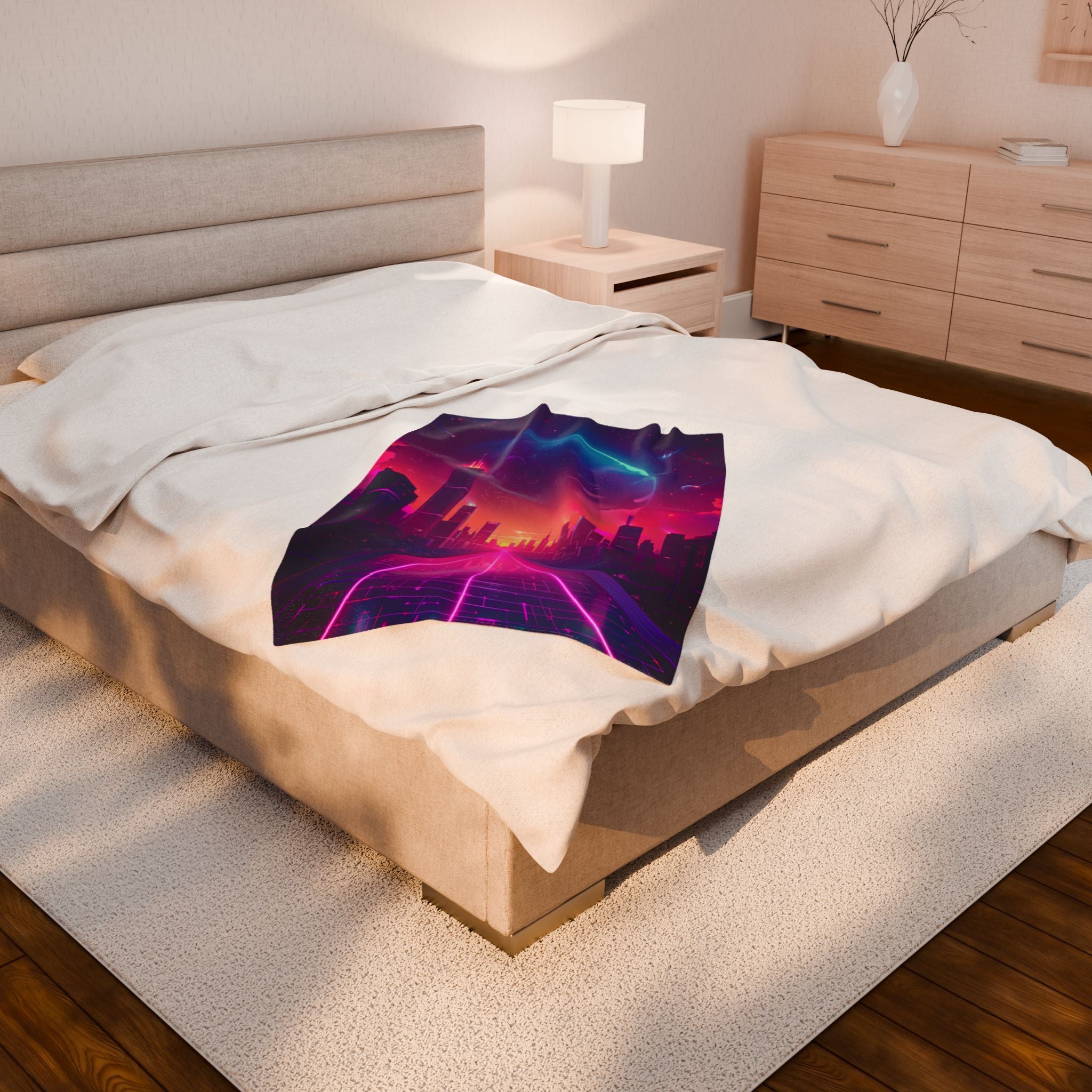 Retro Synthwave Neon City Plush Blanket - Cyberpunk Aesthetic Room Decor - Futuristic 80s Sunset Glow Soft Fleece Blanket