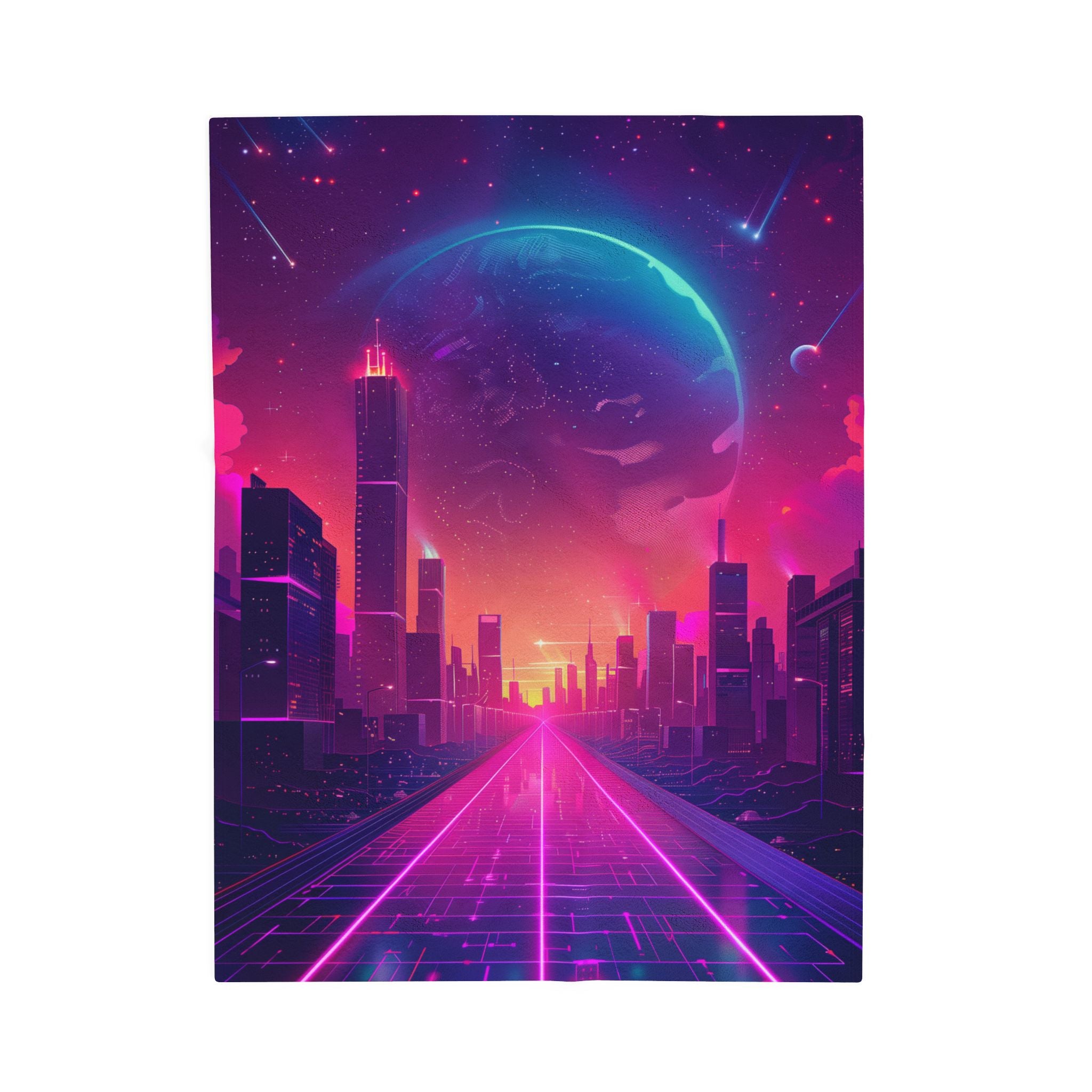 Retro Synthwave Neon City Plush Blanket - Cyberpunk Aesthetic Room Decor - Futuristic 80s Sunset Glow Soft Fleece Blanket