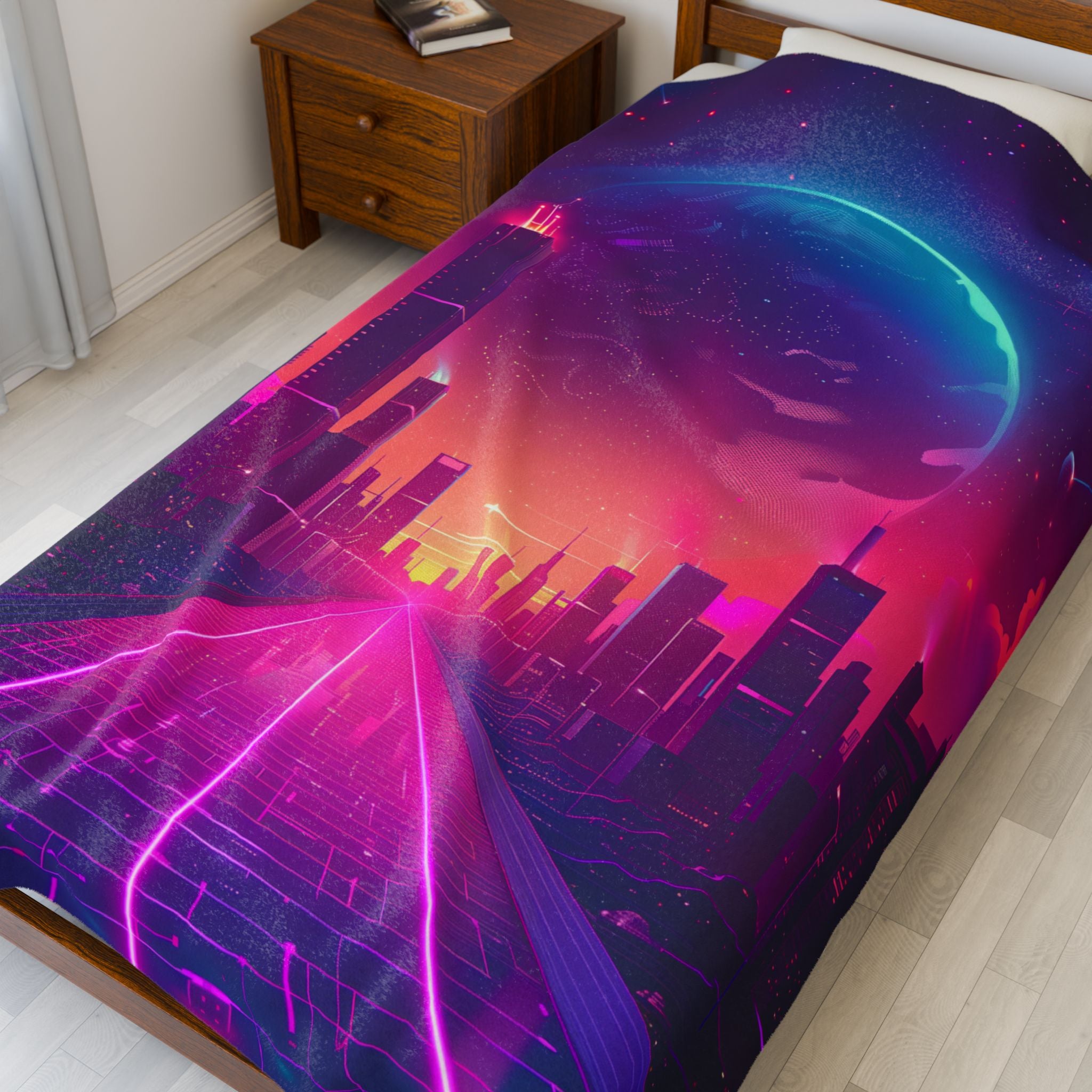 Retro Synthwave Neon City Plush Blanket - Cyberpunk Aesthetic Room Decor - Futuristic 80s Sunset Glow Soft Fleece Blanket